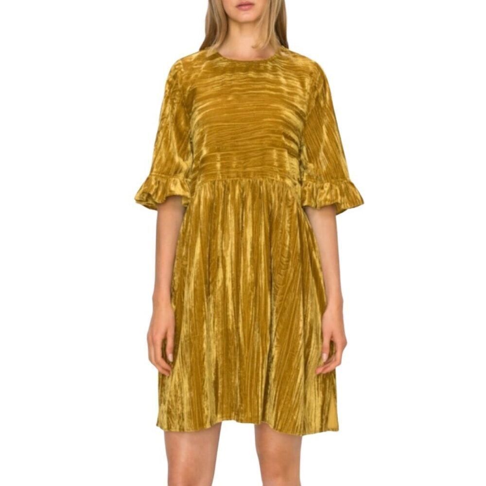 Melloday Ruffle Sleeve crinkle Velvet Mini Dress in Gold Women's XS NWT